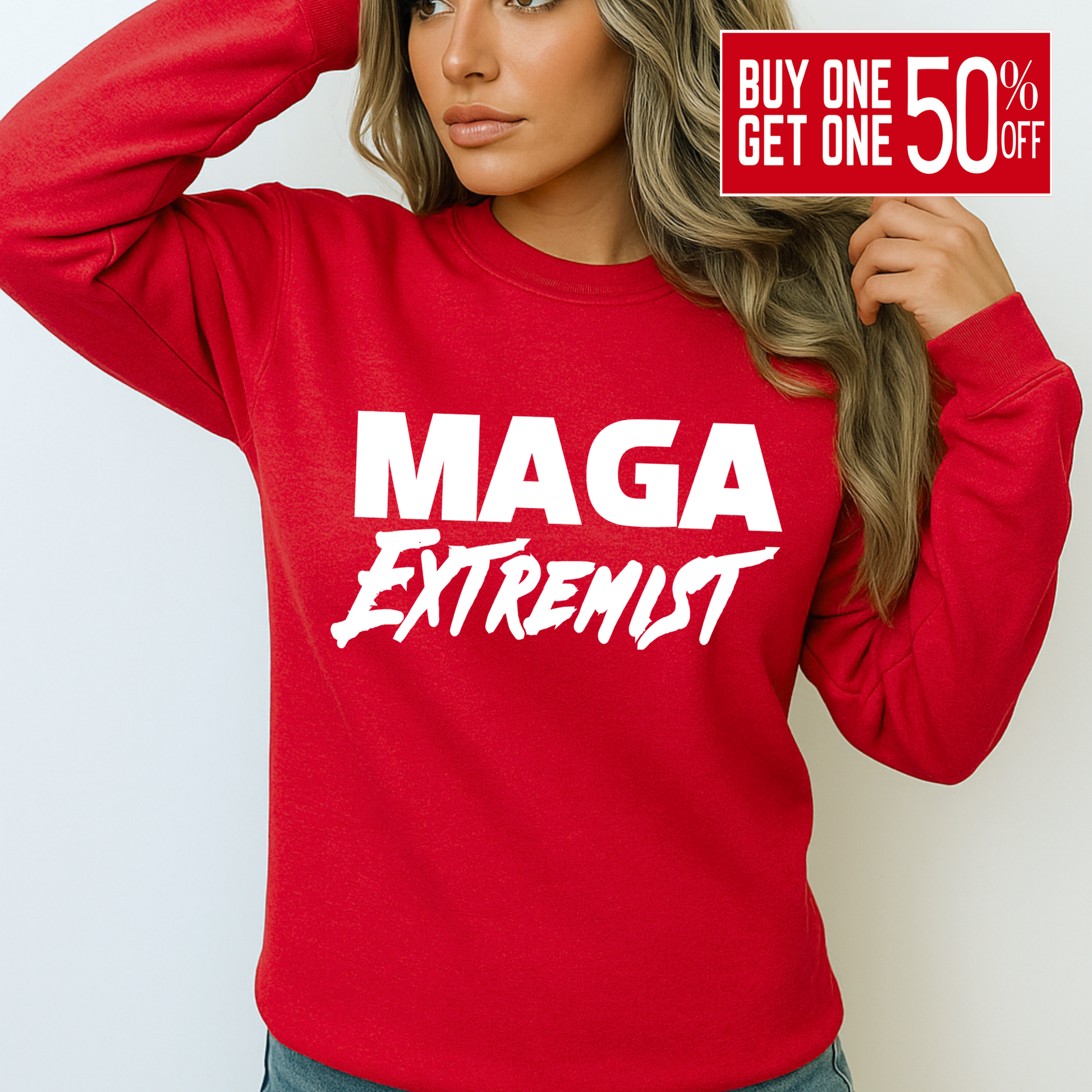 Red crewneck sweatshirt for conservative women with MAGA design