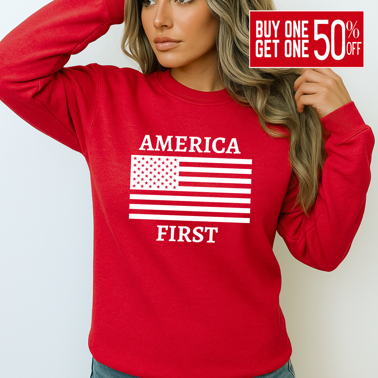Red sweatshirt featuring "America First" design in white