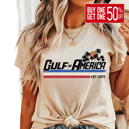 Sand-colored patriotic T-shirt with palm tree sunset graphic