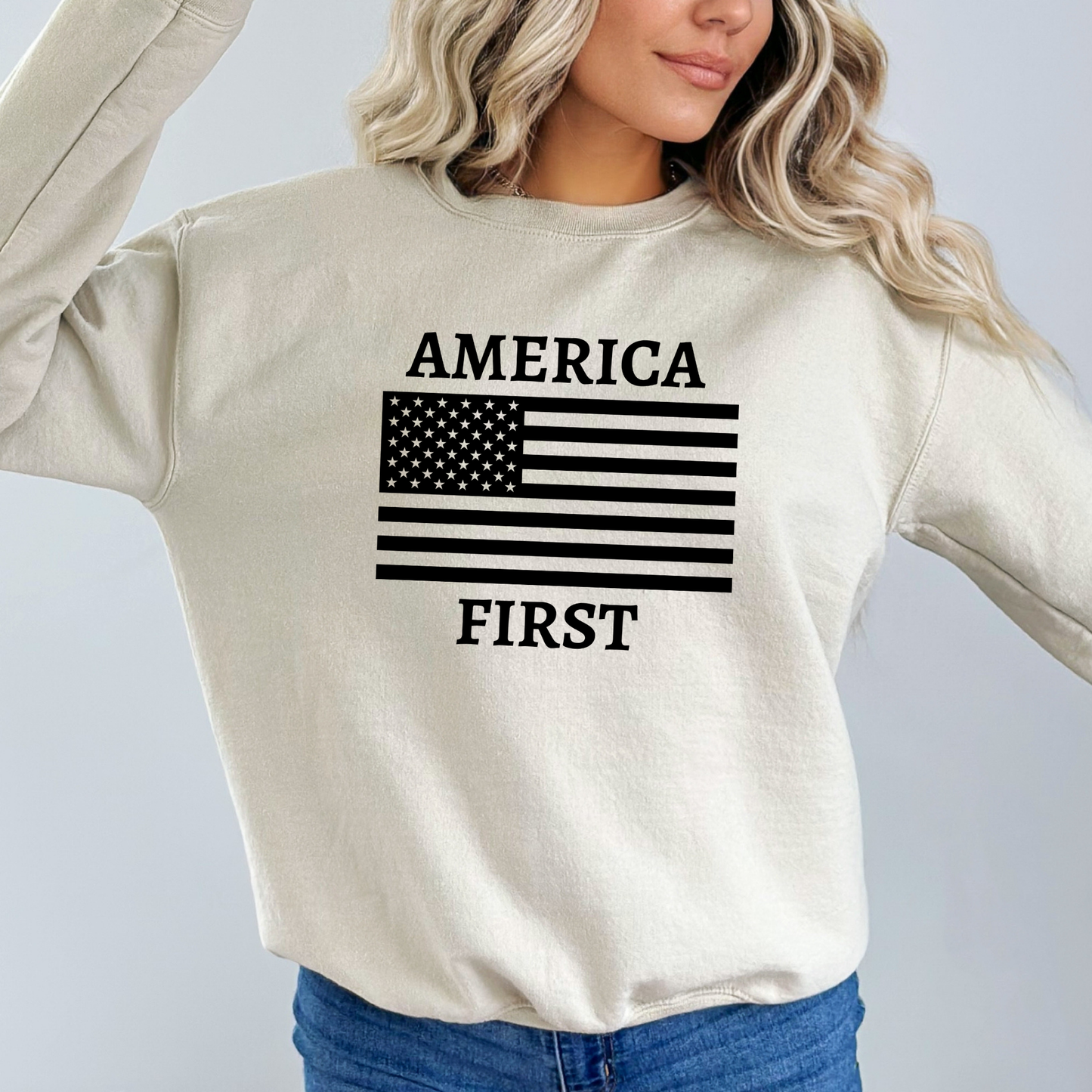 Sand color crewneck sweatshirt with black America First flag

