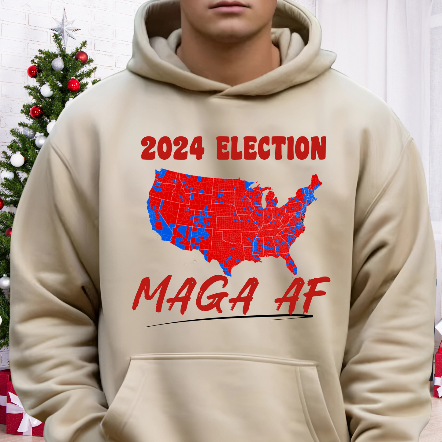 Sand hoodie with 2024 election map graphic in red and blue, bold text design.