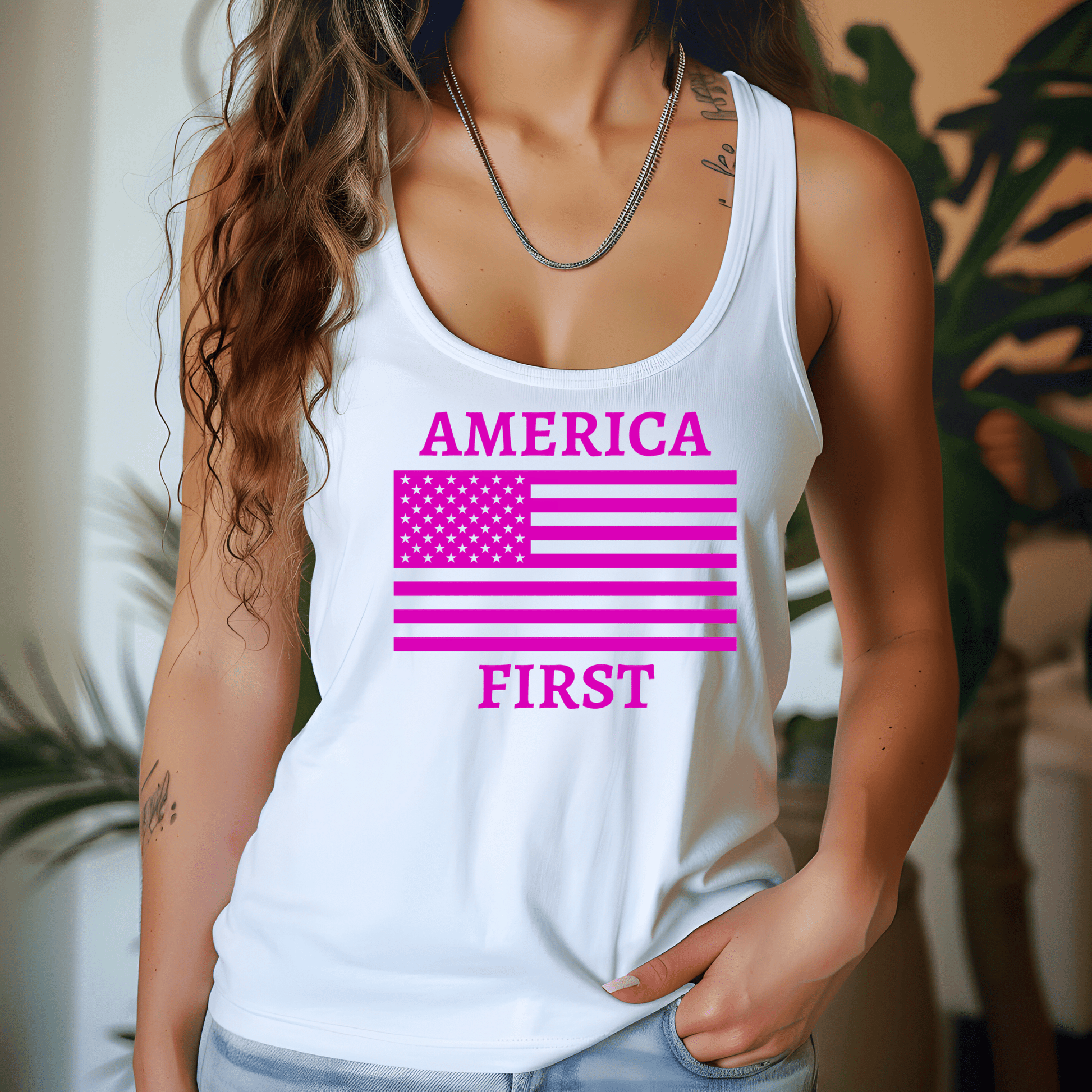 America First Tank - The Right Side PrintsAmerica First Tankwomen tshirtWhite/PinkSmall