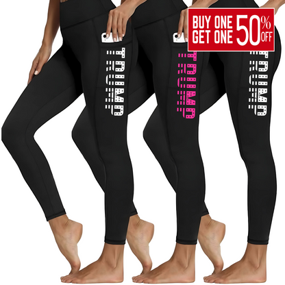 Side view of TRUMP leggings with smartphone in side pocket
