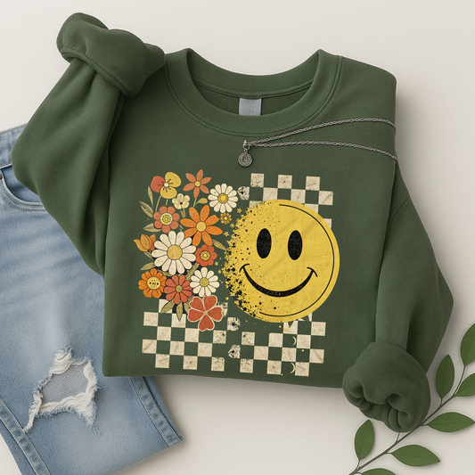 Retro Smiley Face Fall Sweatshirt – Checkerboard Floral Pullover