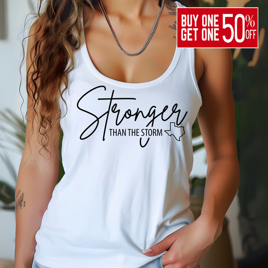 Person wearing a white tank top with 'Stronger Than The Storm' text Texas flood  relief shirt