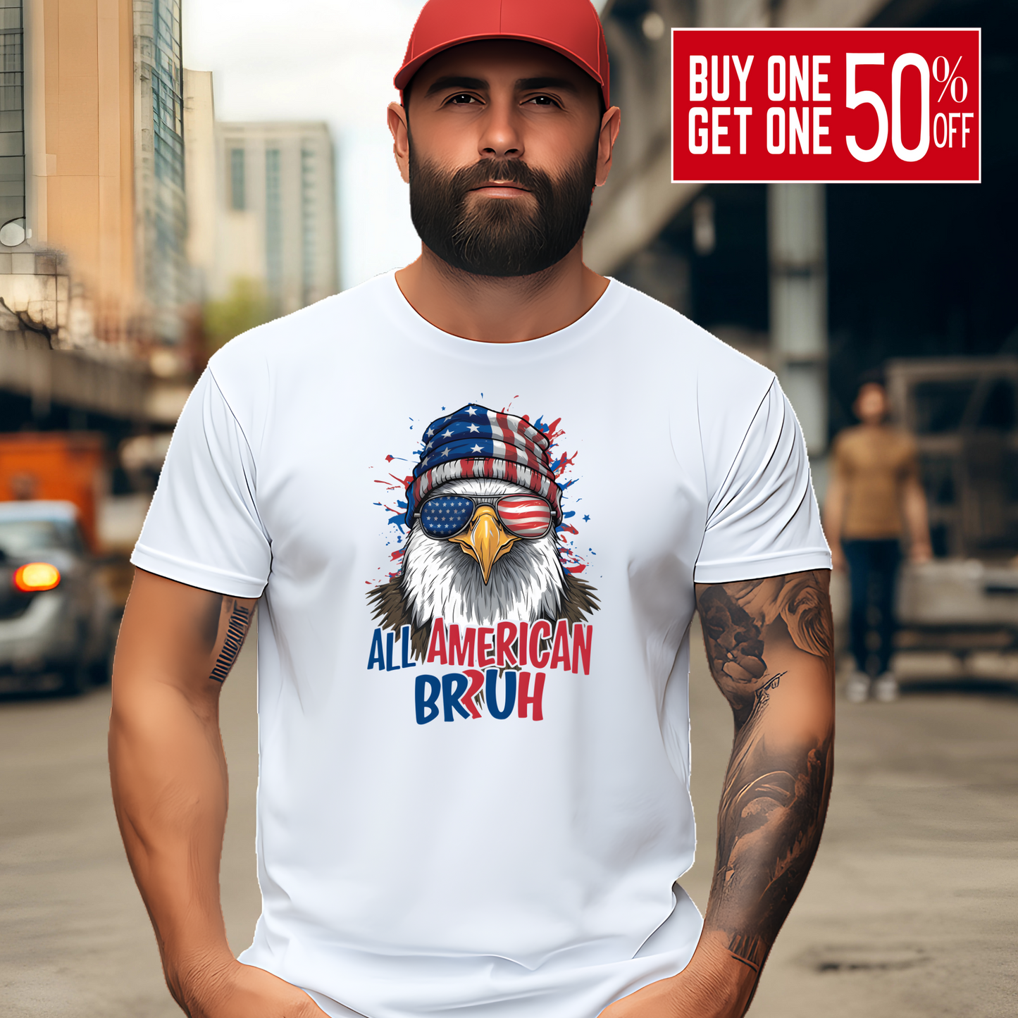 Stylish man wearing white “All American Bruh” T-shirt with USA-themed bald eagle illustration. Bold patriotic graphic tee perfect for 4th of July, Labor Day, or everyday American pride. Comfortable unisex fit, ideal for men who love freedom and fun.