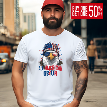 Stylish man wearing white “All American Bruh” T-shirt with USA-themed bald eagle illustration. Bold patriotic graphic tee perfect for 4th of July, Labor Day, or everyday American pride. Comfortable unisex fit, ideal for men who love freedom and fun.