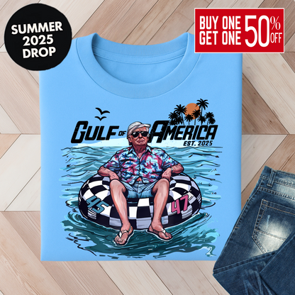 Blue T-shirt with summer retro beach graphic and palm tree design