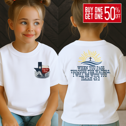 Youth girl in safety pink Christian t-shirt with Texas silhouette and “Pray for Texas” flood image on front, and Isaiah 43:2 promise from the Bible on back, uplifting scripture shirt for Christian kids and relief support
