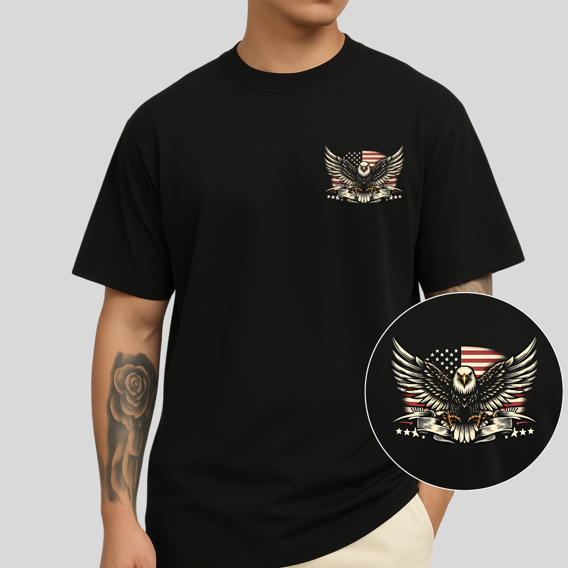 Black Trump shirt with subtle eagle and flag front pocket design