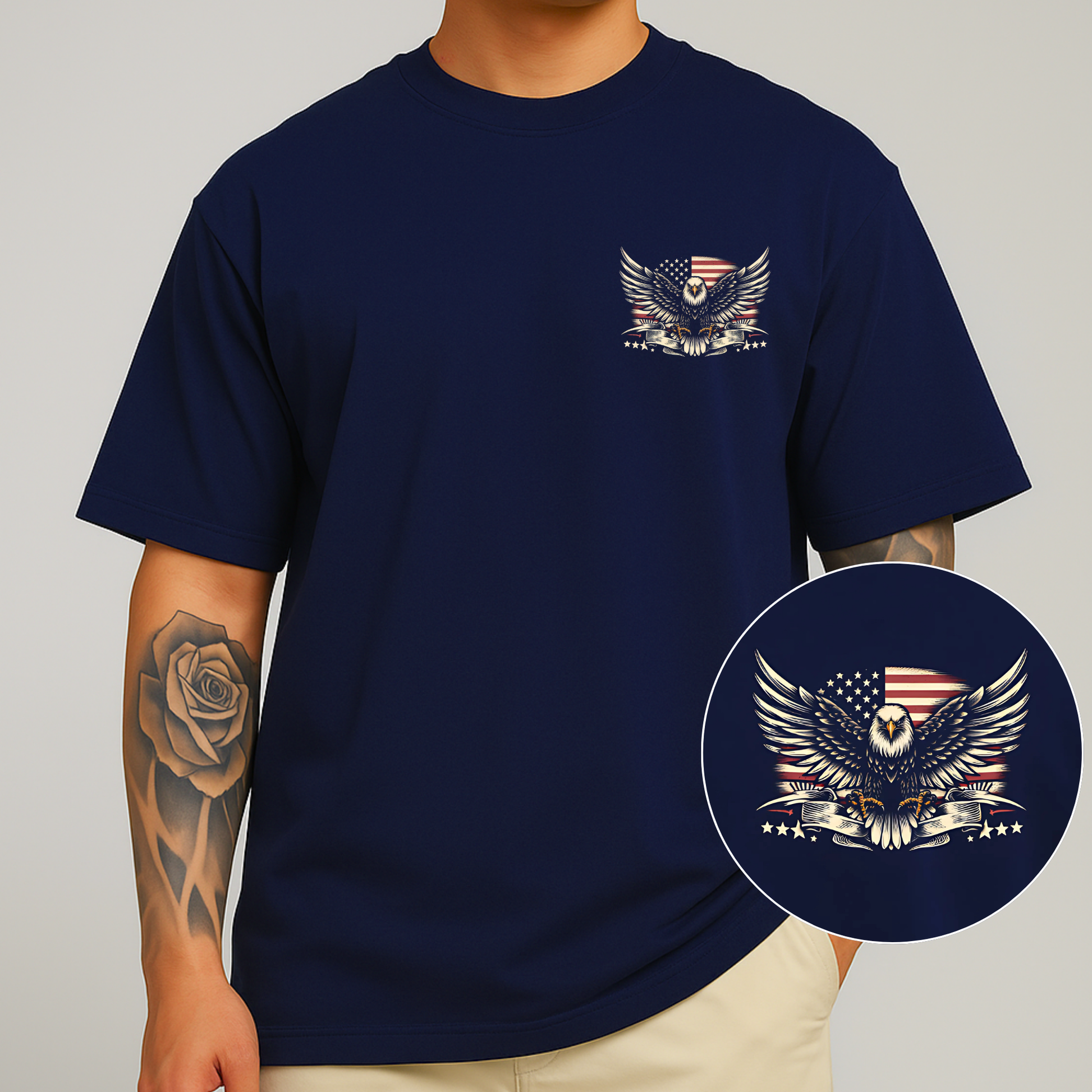 Navy blue shirt with eagle and flag pocket-sized graphic for Trump Take America Back design