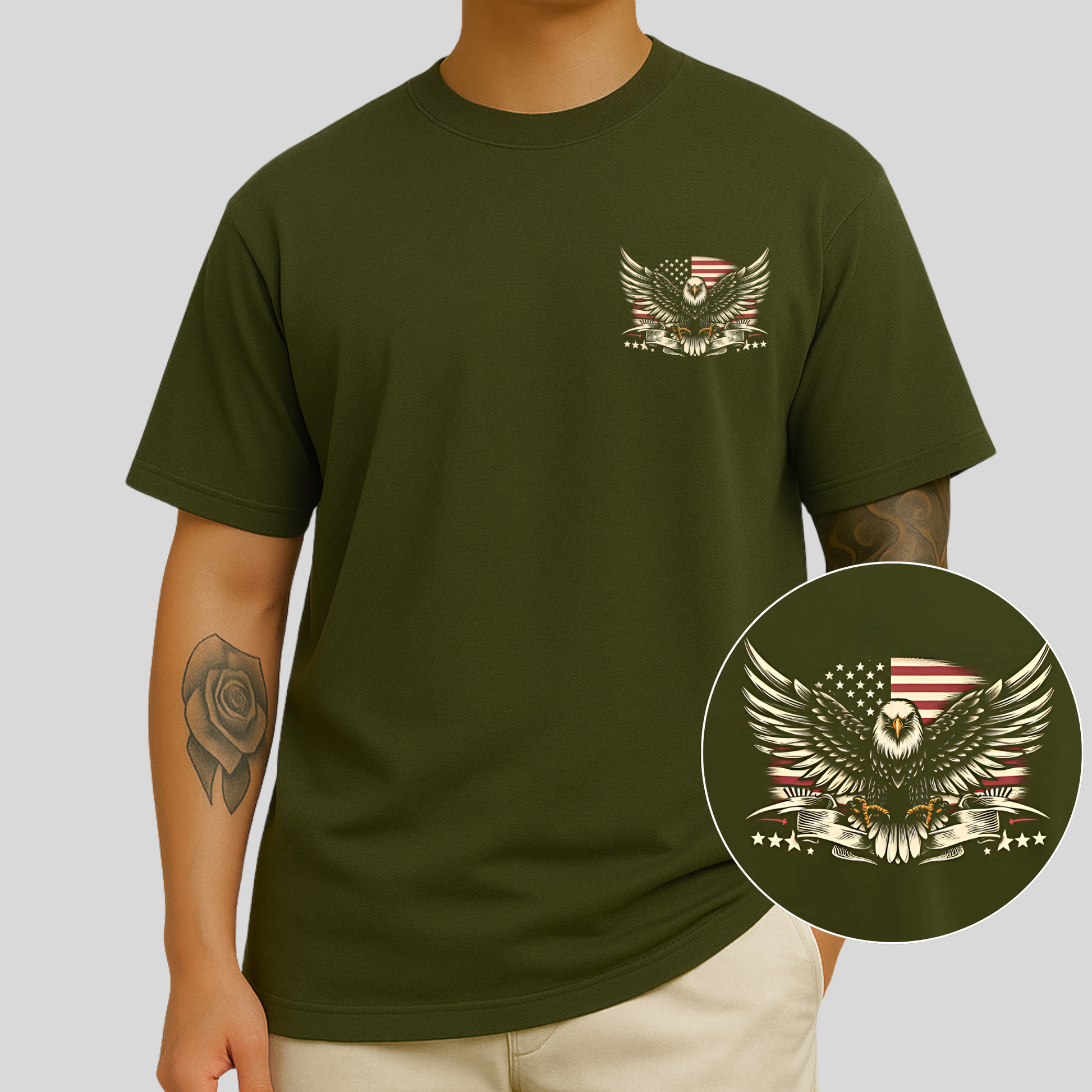 Front of military green Trump shirt with small eagle and flag chest print