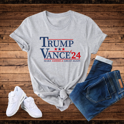 Support your favorite candidate with our Trump Vance 2024 T-shirt. Made with high-quality materials, this shirt features a bold design showcasing your passion for the upcoming election. Show your support and make a statement with this comfortable and stylish t-shirt. Wear it to rallies, events, or simply around town to show your unwavering dedication to the cause.