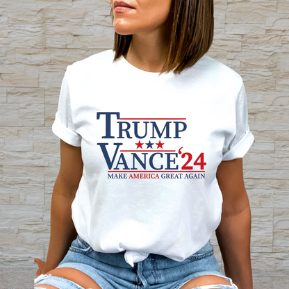 Support your favorite candidate with our Trump Vance 2024 T-shirt. Made with high-quality materials, this shirt features a bold design showcasing your passion for the upcoming election. Show your support and make a statement with this comfortable and stylish t-shirt. Wear it to rallies, events, or simply around town to show your unwavering dedication to the cause.