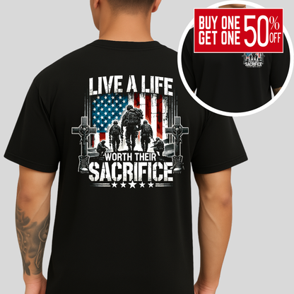 Live a Life Worth Their Sacrifice Men's T-Shirt – Front Pocket & Full Back Patriotic Military