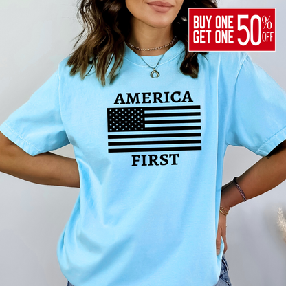 America First Flag Shirt – Patriotic Unisex Tee for Women