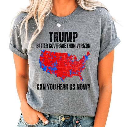 Woman wearing gray Trump coverage map shirt, hands in pockets