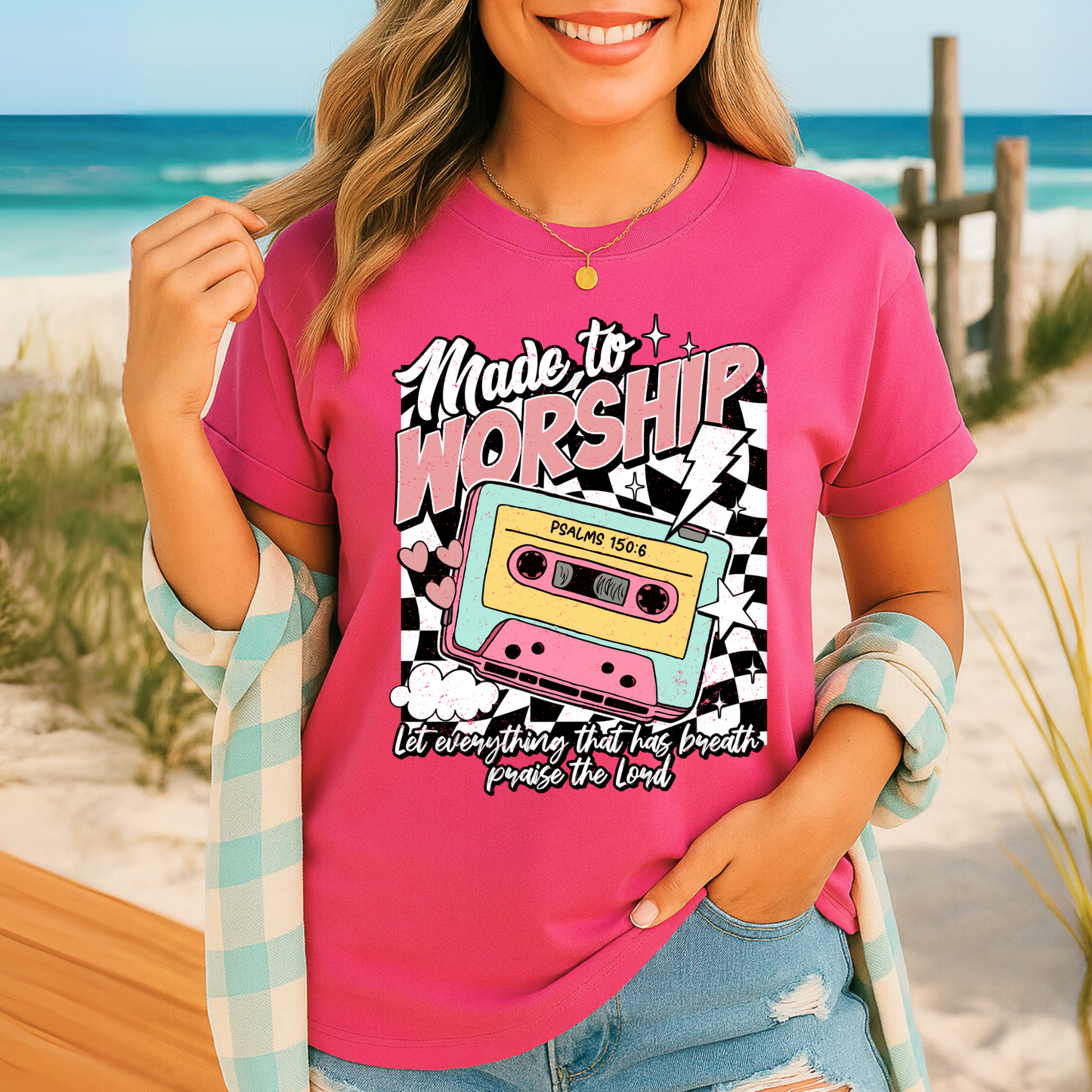 Made to Worship – Retro Cassette Christian Shirt (Psalms 150:6)