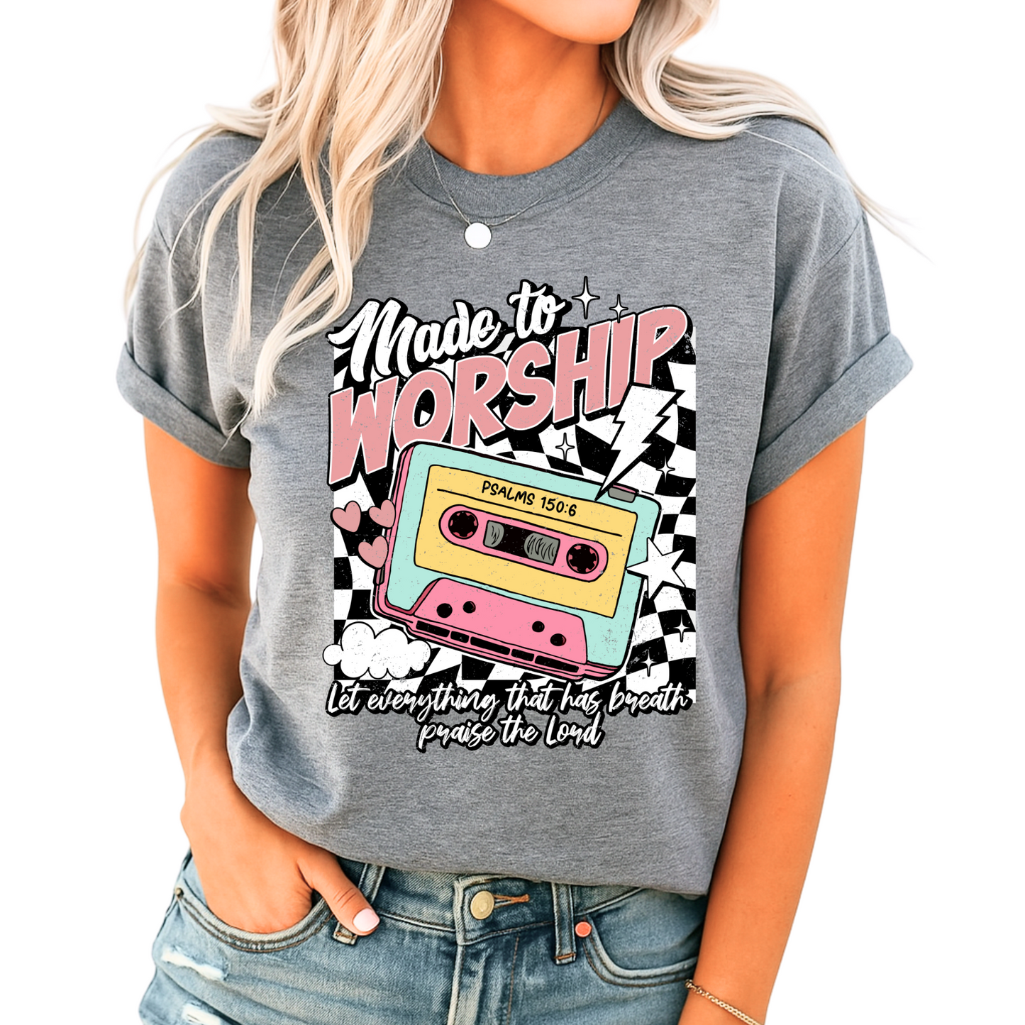 Made to Worship – Retro Cassette Christian Shirt (Psalms 150:6)