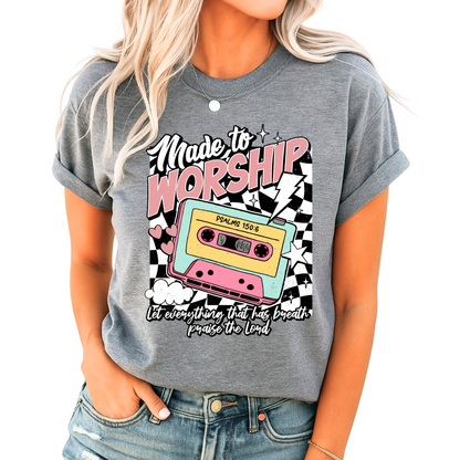 Made to Worship – Retro Cassette Christian Shirt (Psalms 150:6)