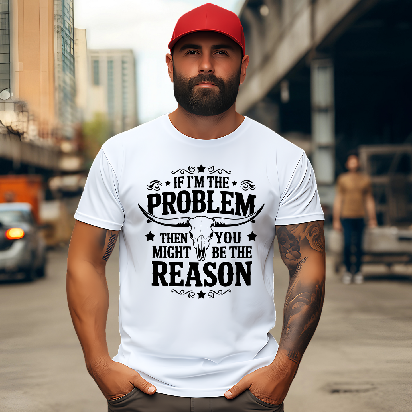 Urban-style image of man in white shirt and red hat with conservative message design
