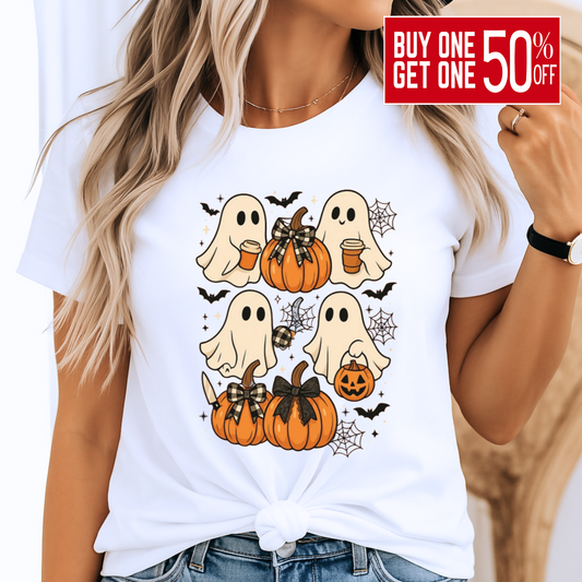 White Halloween T-shirt with cute ghost and pumpkin design. Perfect spooky season tee for women, styled with a knot tie for a trendy fall outfit. Ideal for pumpkin patch trips or Halloween celebrations.