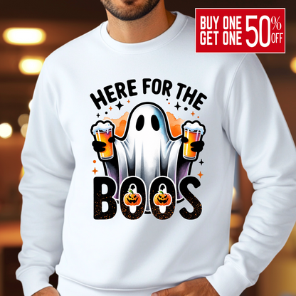 White sweatshirt with ghost holding beer and “Here For The Boos” text

