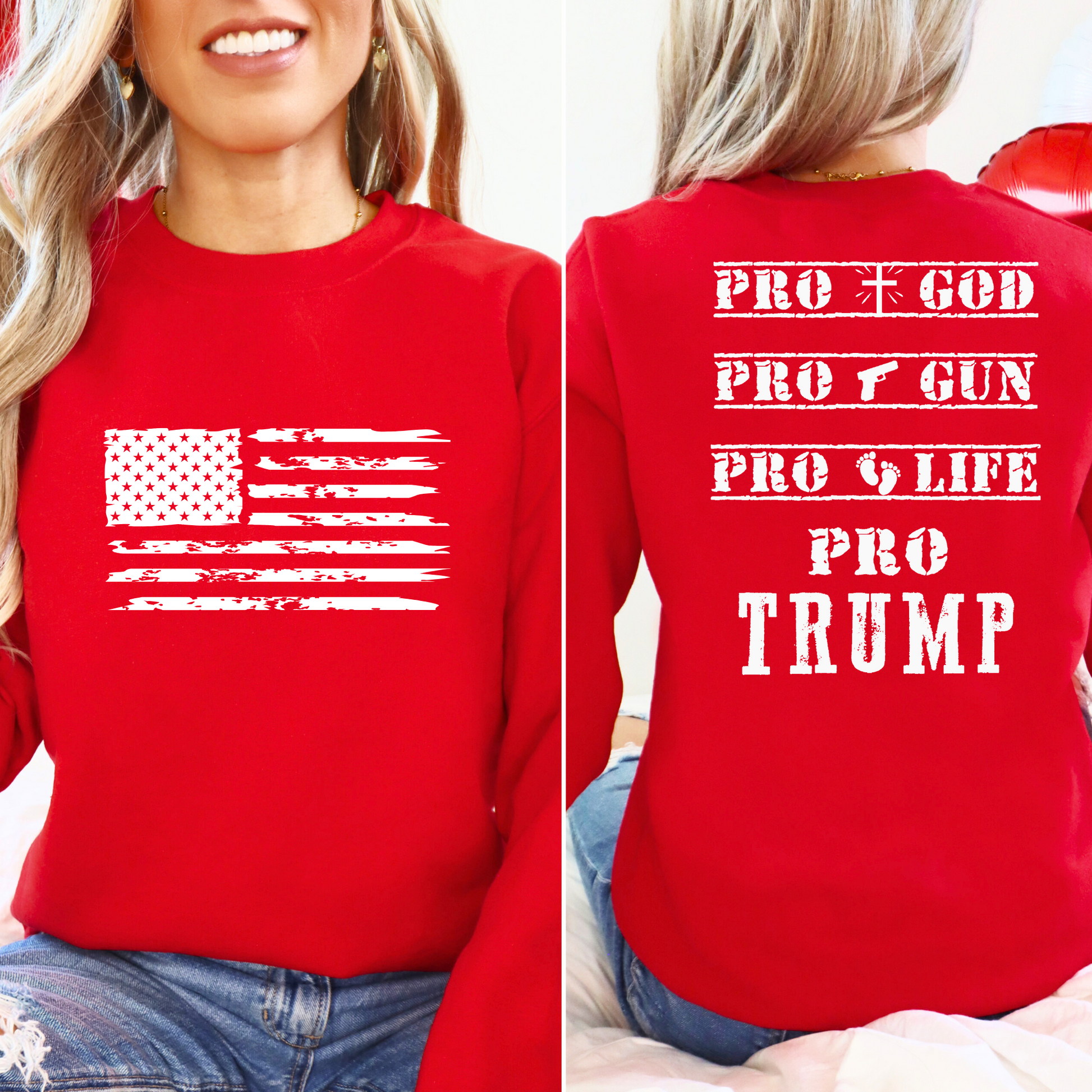 Woman wearing Red sweatshirt with distressed USA flag and bold statement back print design.