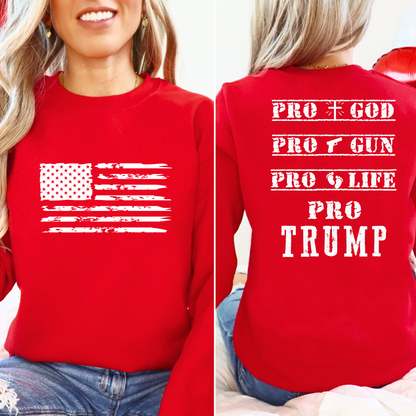 Woman wearing Red sweatshirt with distressed USA flag and bold statement back print design.