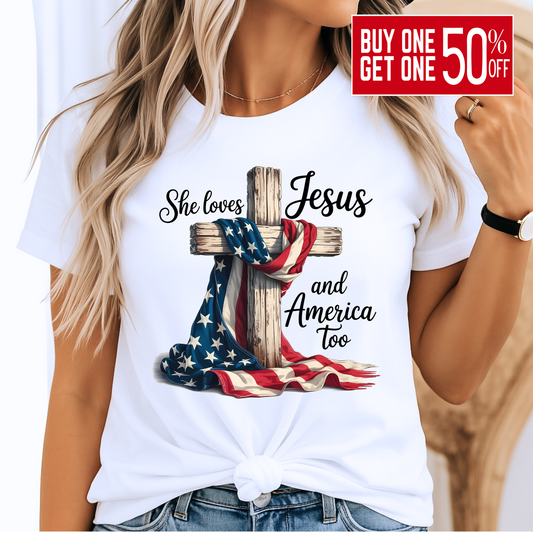 Woman wearing “She Loves Jesus and America Too” shirt in white – close-up
