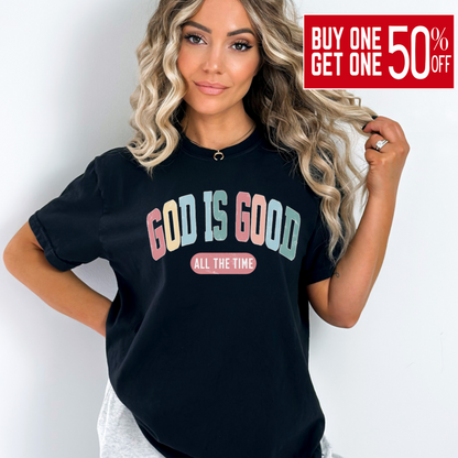 Woman wearing black God Is Good All the Time graphic T-shirt