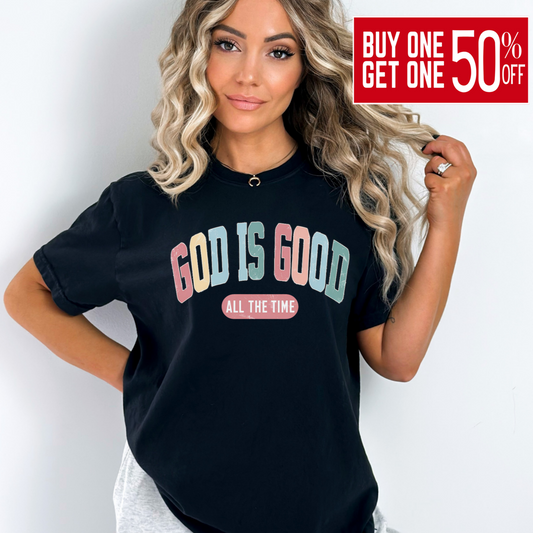Woman wearing black God Is Good All the Time graphic T-shirt