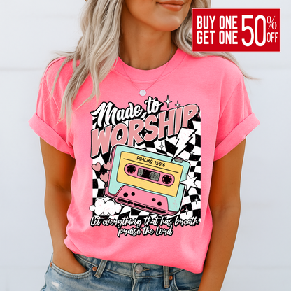 Woman wearing bold pink Psalms 150:6 cassette shirt