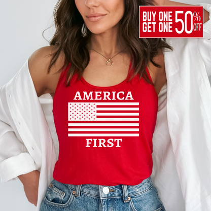 Woman wearing red tank with bold white America First and flag graphic, styled with denim

