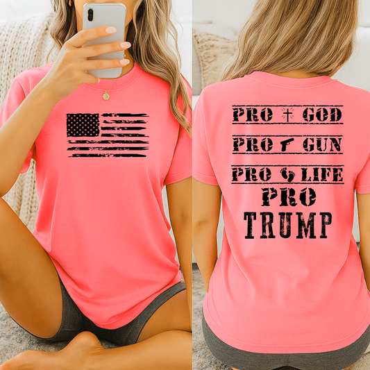 Woman wearing safety pink Pro Trump shirt with American flag on front