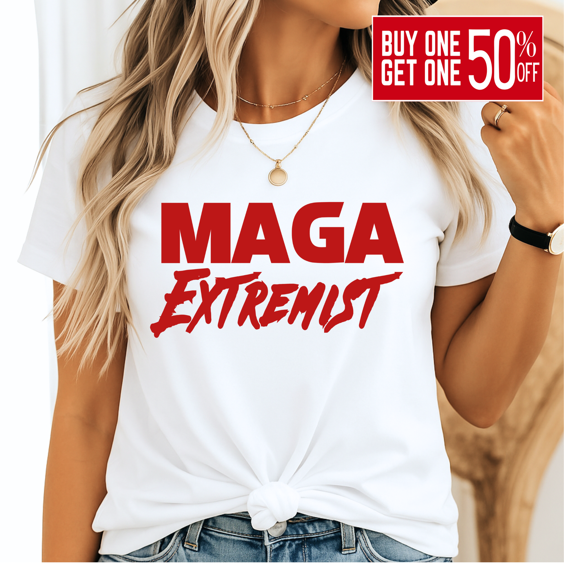 Woman wearing white T-shirt with bold red statement text graphic, tied hem style.