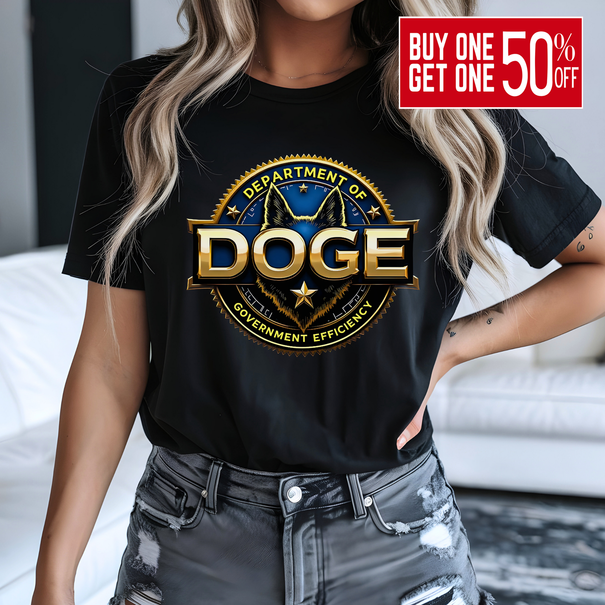 Women's black DOGE t-shirt – bold gold graphic seal

