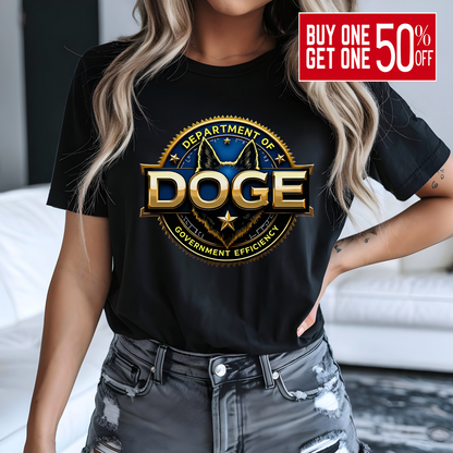 Women's black DOGE t-shirt – bold gold graphic seal
