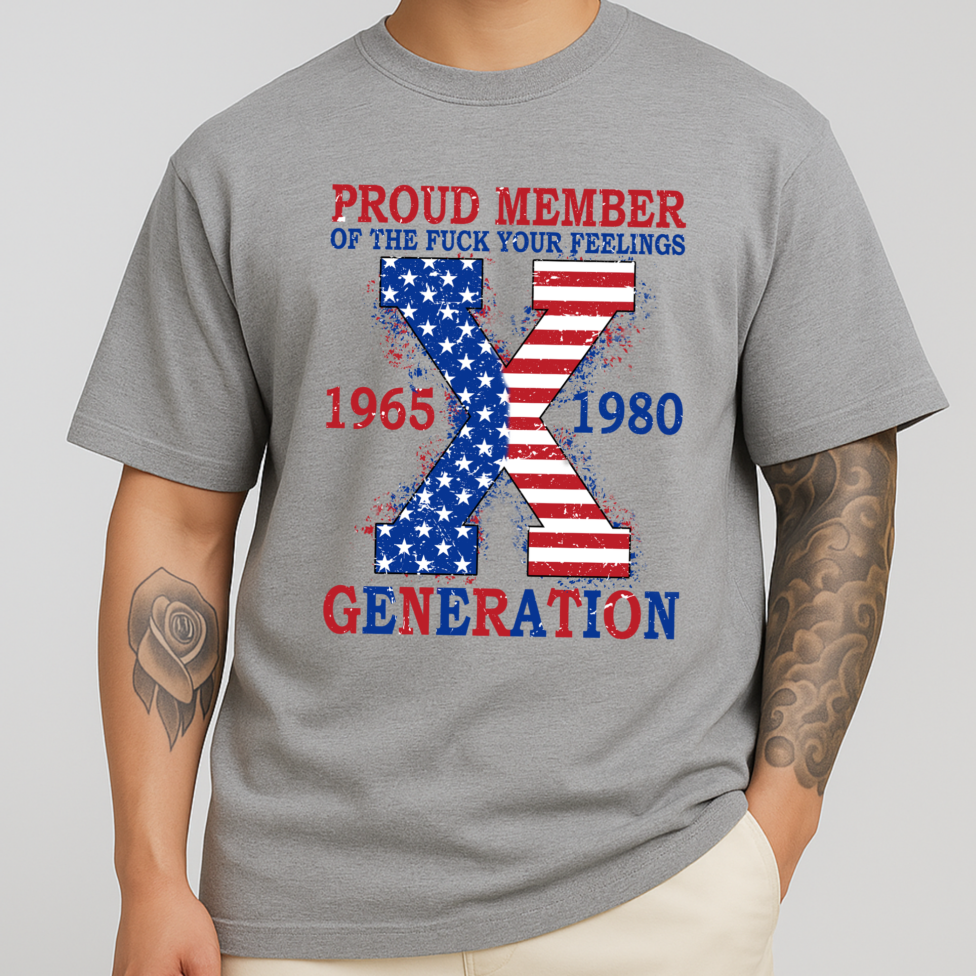 Gray Patriotic Generation X shirt with American flag X design, White tee for men.
