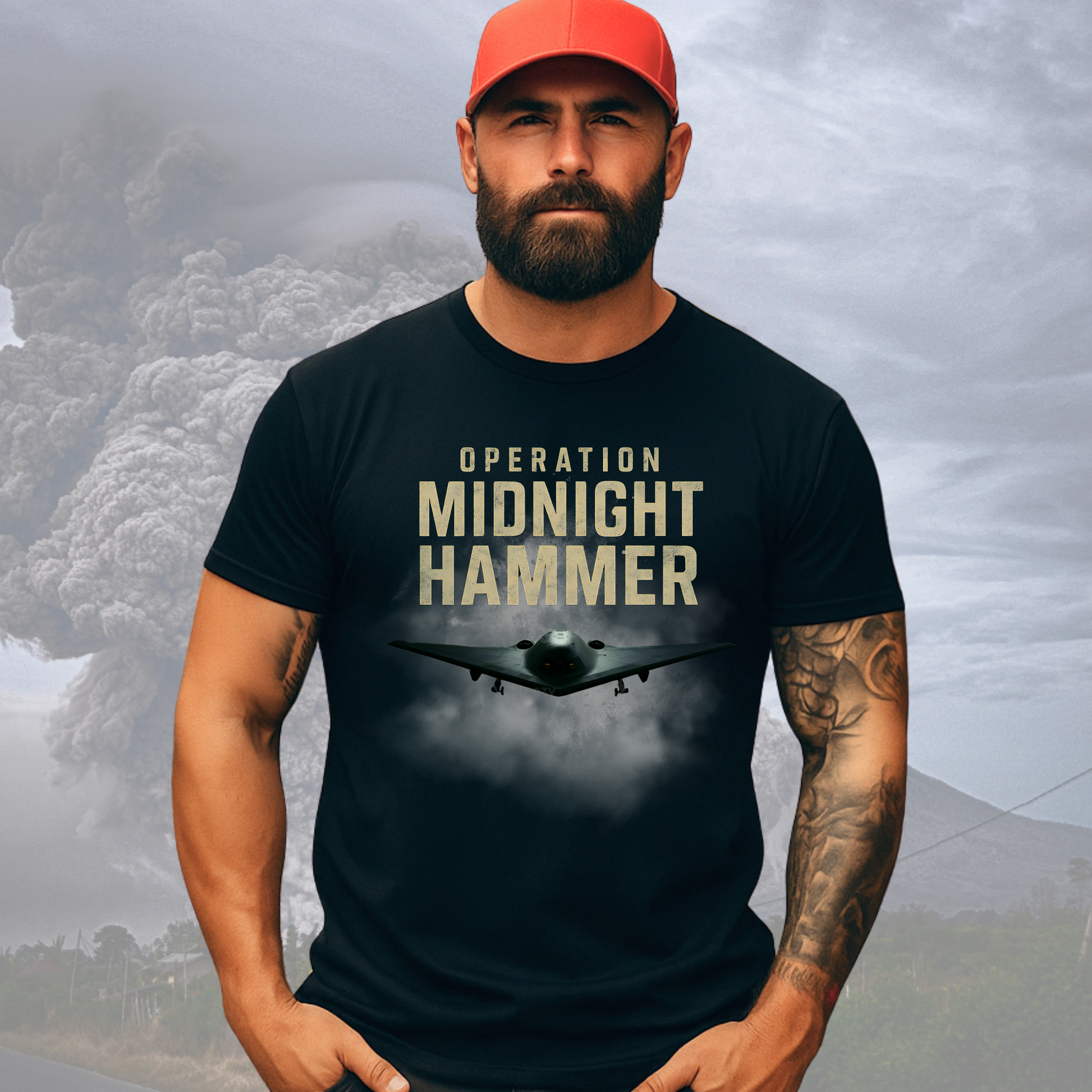 Model in red hat posing confidently in Operation Midnight Hammer T-shirt featuring stealth bomber artwork. Patriotic fashion inspired by military operations, perfect for 4th of July celebrations, air force events, and everyday patriotic wear.
