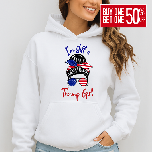 Patriotic women’s hoodie with red, white, and blue hair bow and sunglasses design