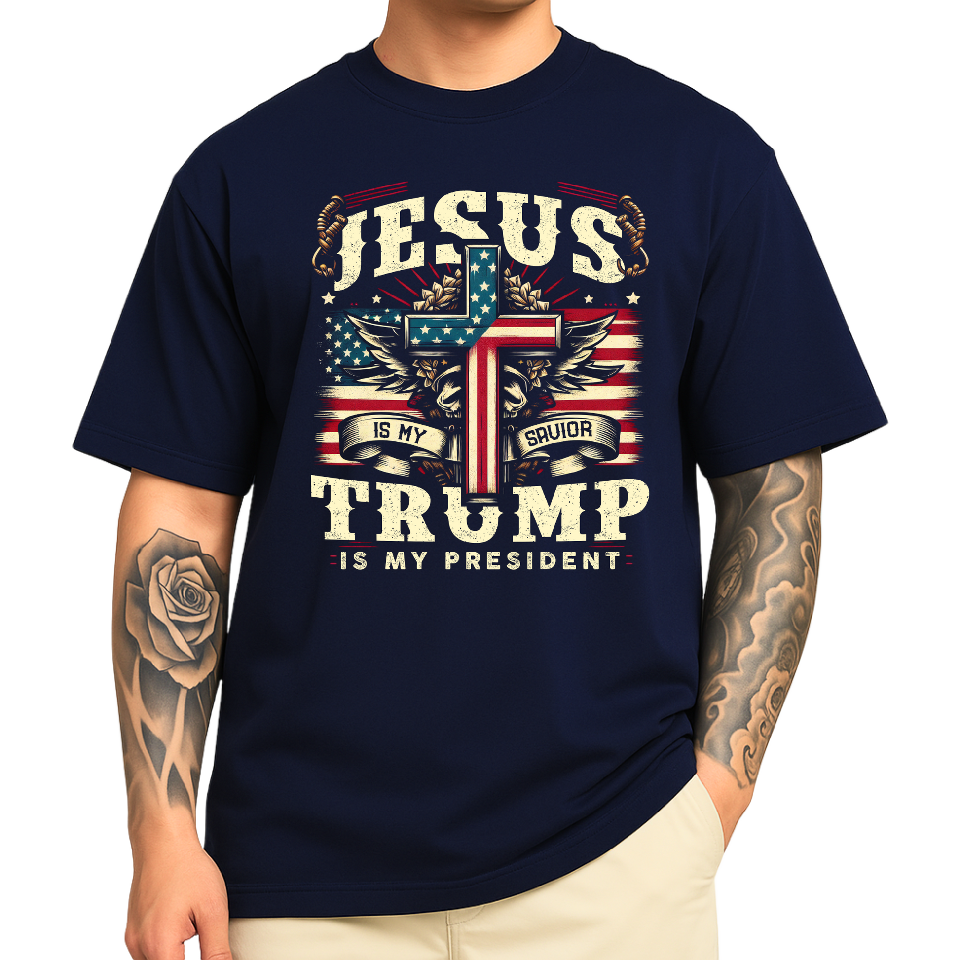 Conservative patriotic shirt with Jesus and Trump design on man with tattoo arm – navy blue tee