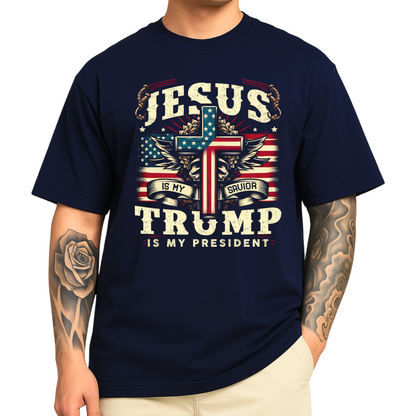 Conservative patriotic shirt with Jesus and Trump design on man with tattoo arm – navy blue tee