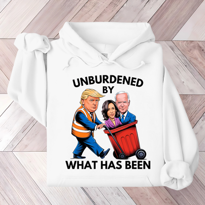 White Unburdened by What Has Been hoodie flat lay