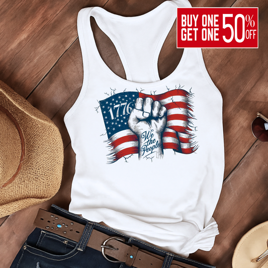 Flat lay of tank top and shorts on wood – 1776 We The People print