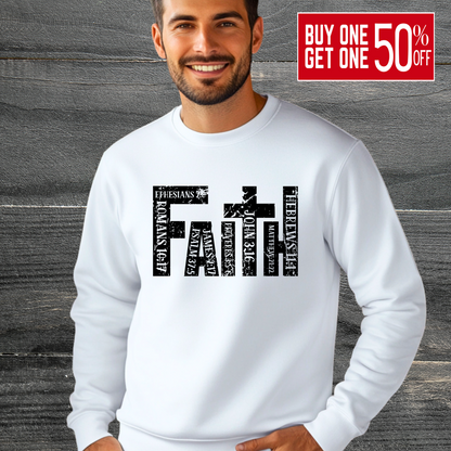 Man wearing White Christian Apparel with Bible Verse Design | Religious Sweatshirt for Men 