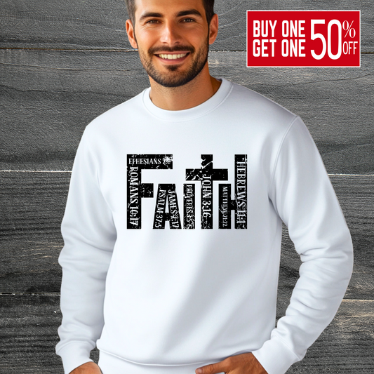 Man wearing White Christian Apparel with Bible Verse Design | Religious Sweatshirt for Men 