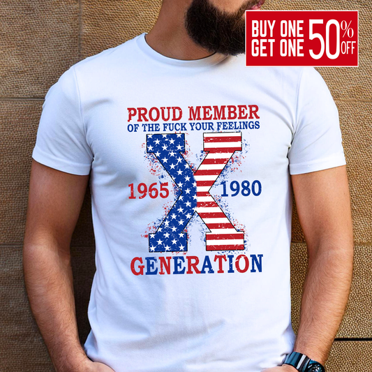 Patriotic Generation X shirt with American flag X design, White tee for men.