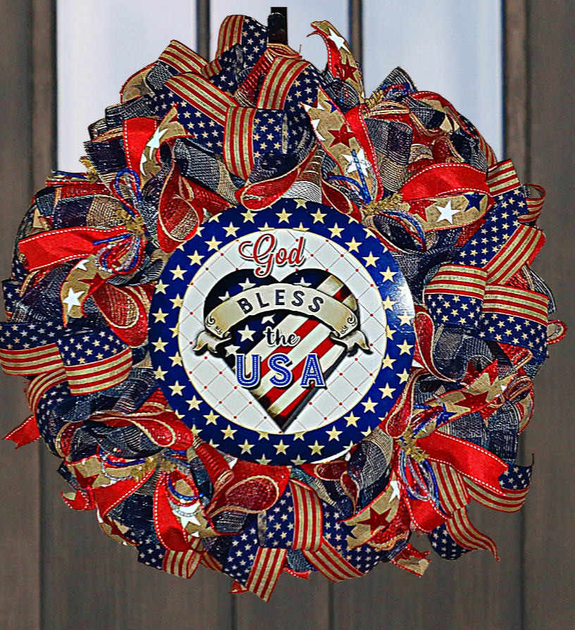 Patriotic Wreath with God Bless the USA sign